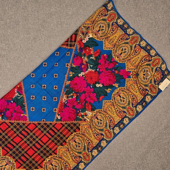 Echo Accessories - Echo 100% Wool Scarf 34" Square Floral Paisley Plaid Challis Blue Multicolor NWT